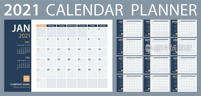 Calendar Planner 2021 - Vector Template. Week starts on Sunday